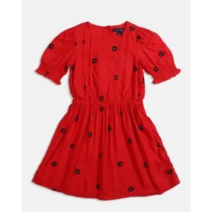 Tommy Hilfiger Girls Dress 16 Red Fit Flare Puff Sleeve Cotton Floral Flower EUC
